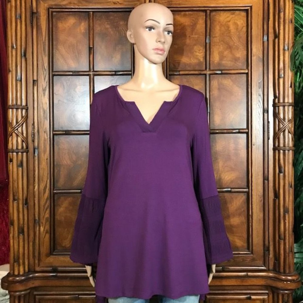H by Halston Purple Jersey Knit Smock Chiffon Sleeve Top